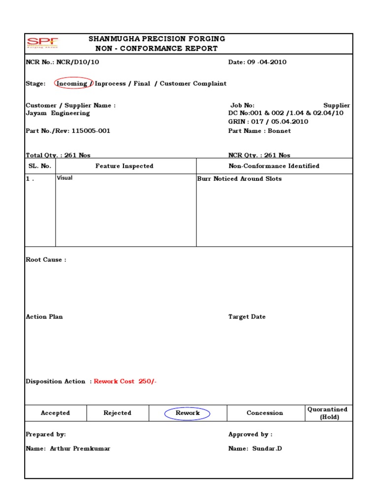 Shanmugha Precision Forging Non - Conformance Report: Rework Cost 250 | PDF