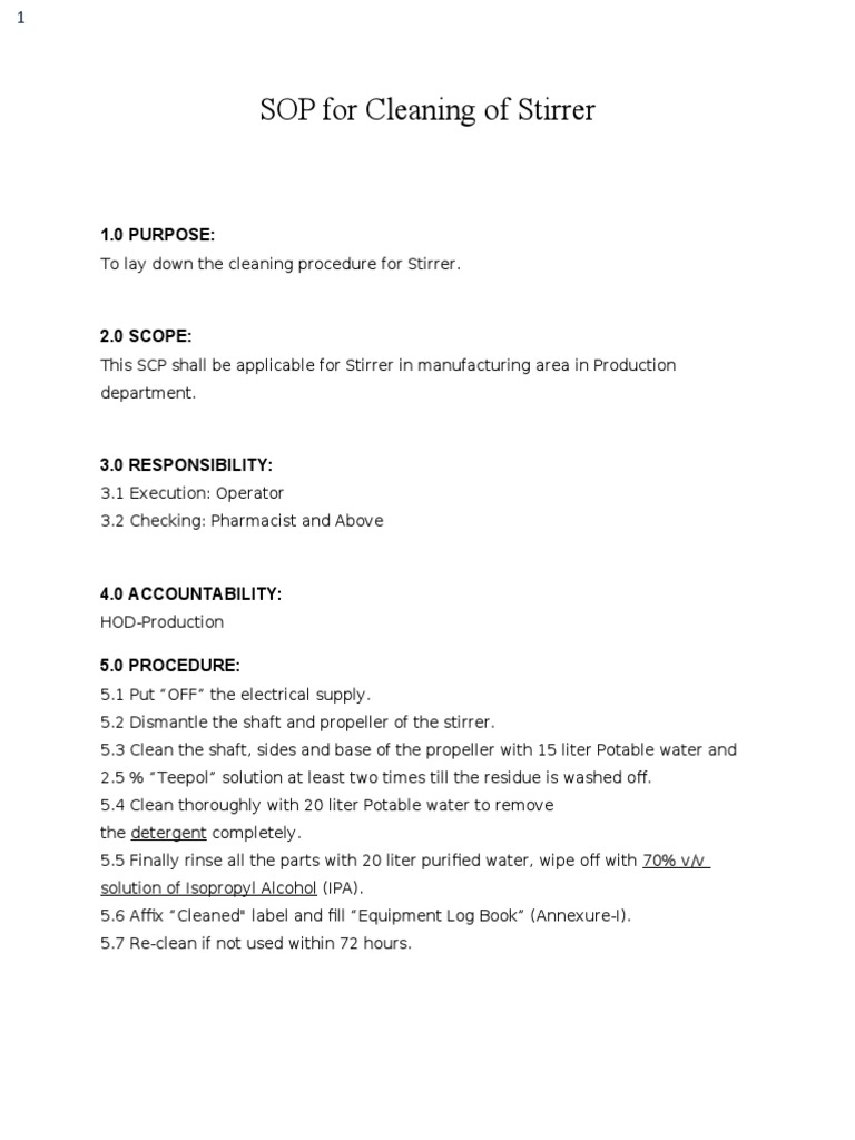 SOP For Cleaning of Stirrer PDF
