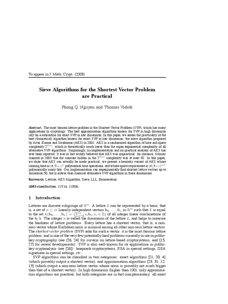 Sieve Algorithms For The Shortest Vector Problem Are Practical | PDF ...