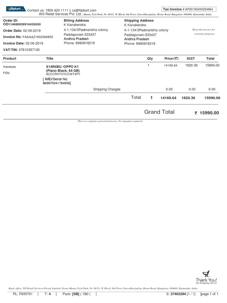 OPPO K1 Invoice Download PDF | PDF | Business