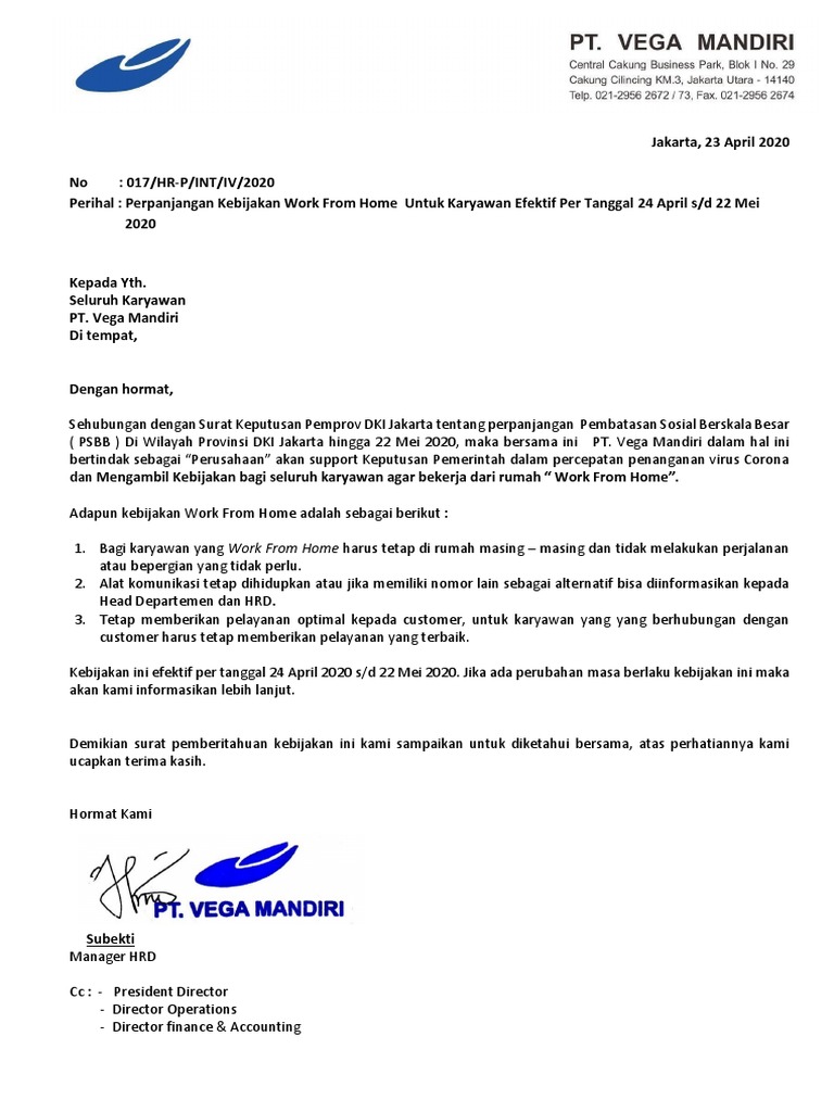 017 Hr P Int Iv 2020 Surat Pemberitahuan Perpanjangan Work From Home