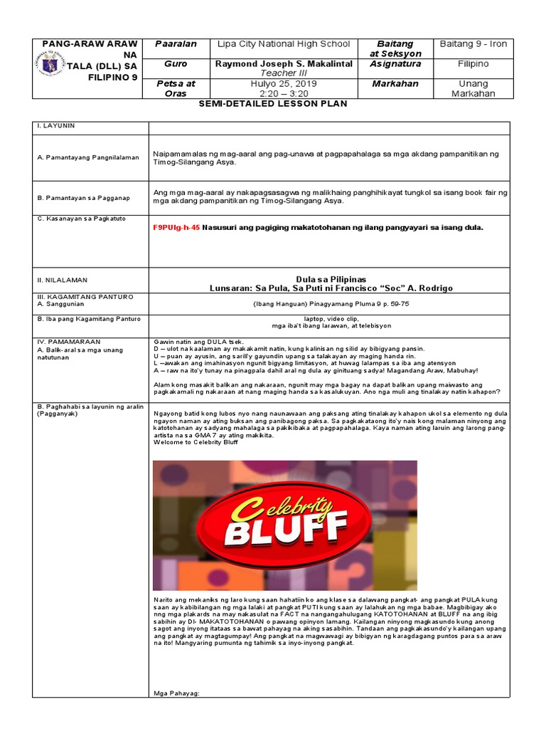 Bem 105 Semi Detailed Lesson Plan Sa Filipino 1 | PDF