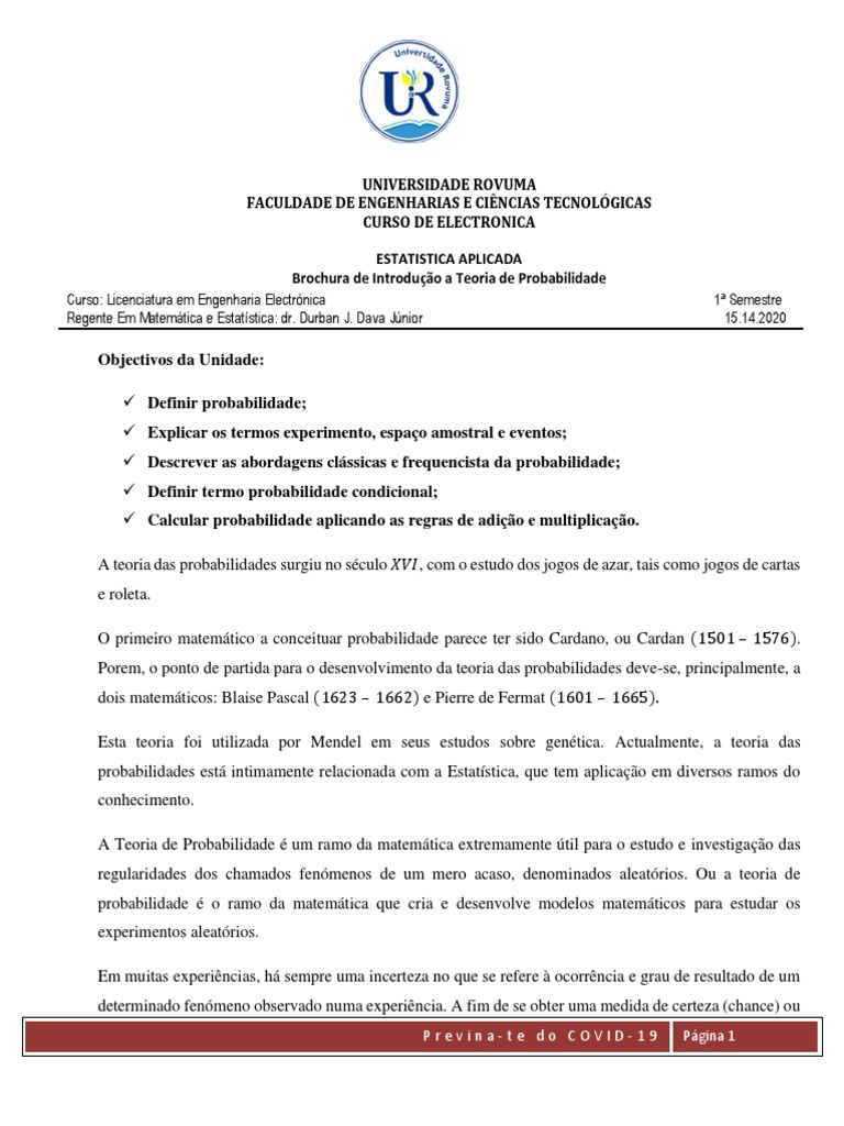 Brochura Teoria de Probabilidades Aula | PDF | Probabilidade | Aleatoriedade