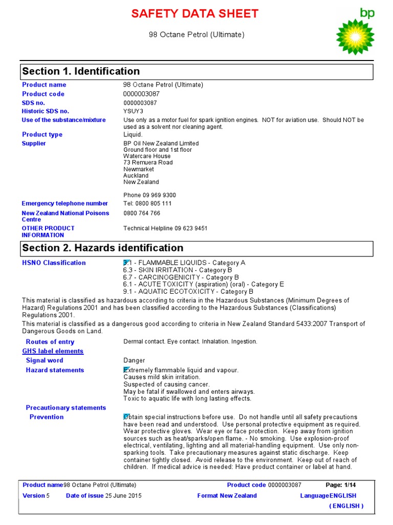 98 Octane Petrol Safety Data Sheet | PDF | Personal Protective ...