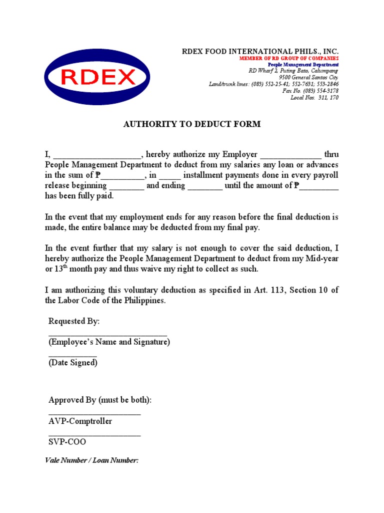 Authority to Deduct Salary Form | PDF | Business