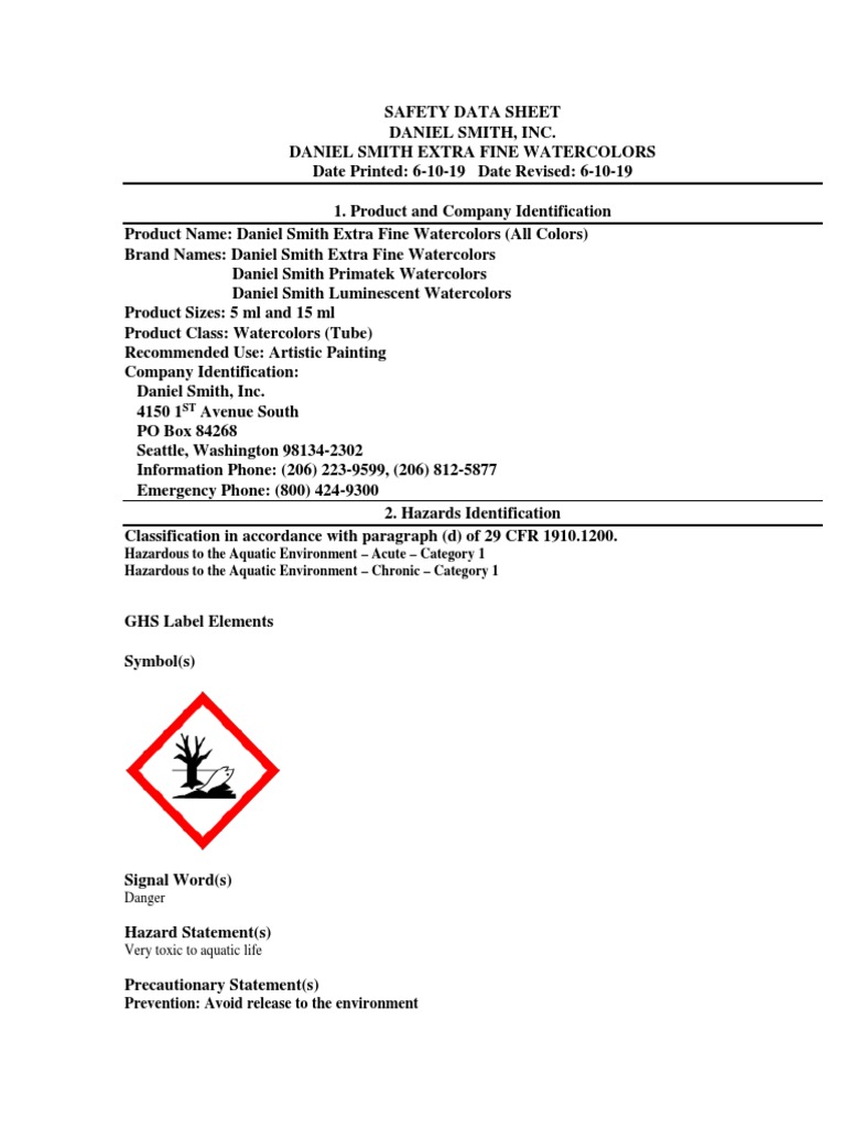 SDS for Daniel Smith Watercolors | PDF | Dangerous Goods | Blue