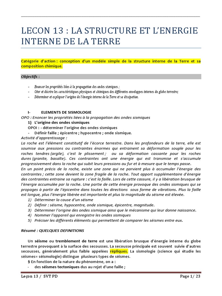 Lecon 13 Structure Et Energie Interne De La Terre Pdf Pdf Sismologie Tremblements De Terre