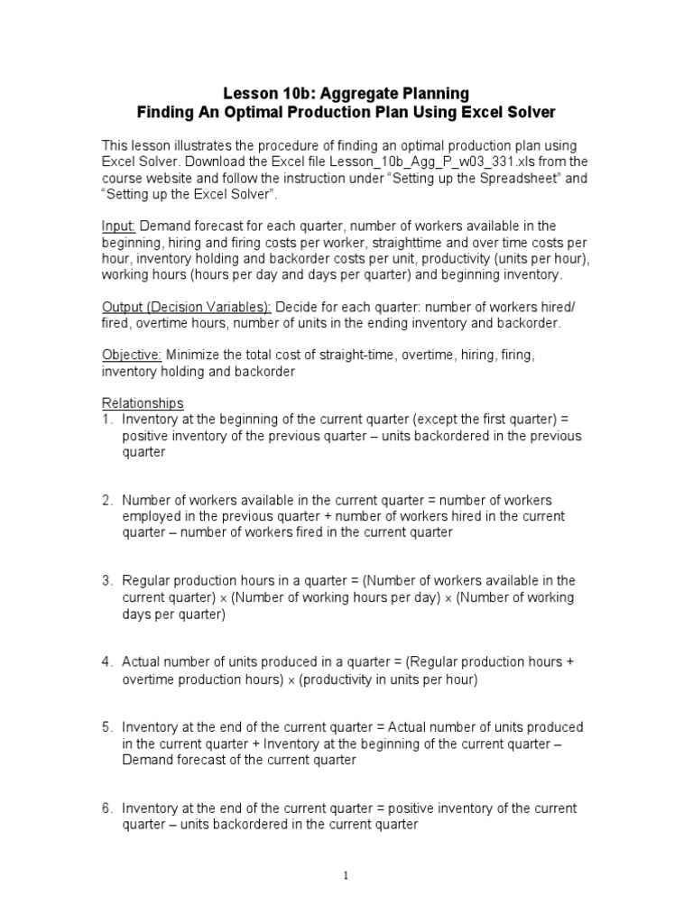 Lesson 10b Aggregate Planning Finding An Optimal Production Plan Using