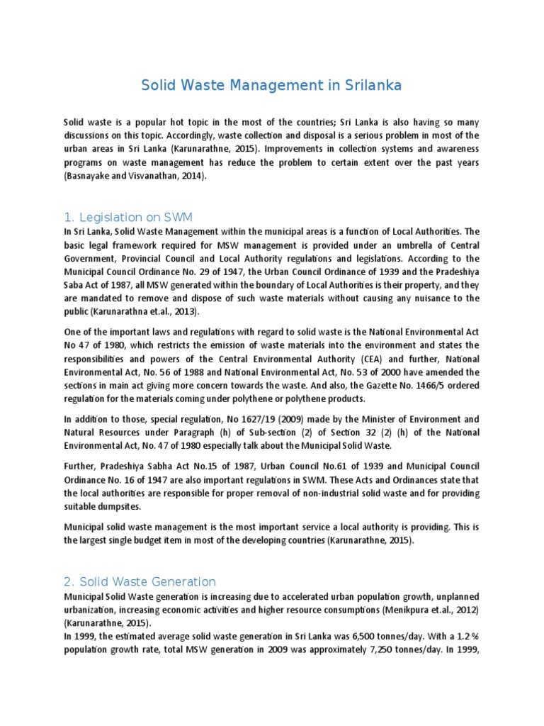 Solid Waste Management in Srilanka: 1. Legislation On SWM | PDF ...