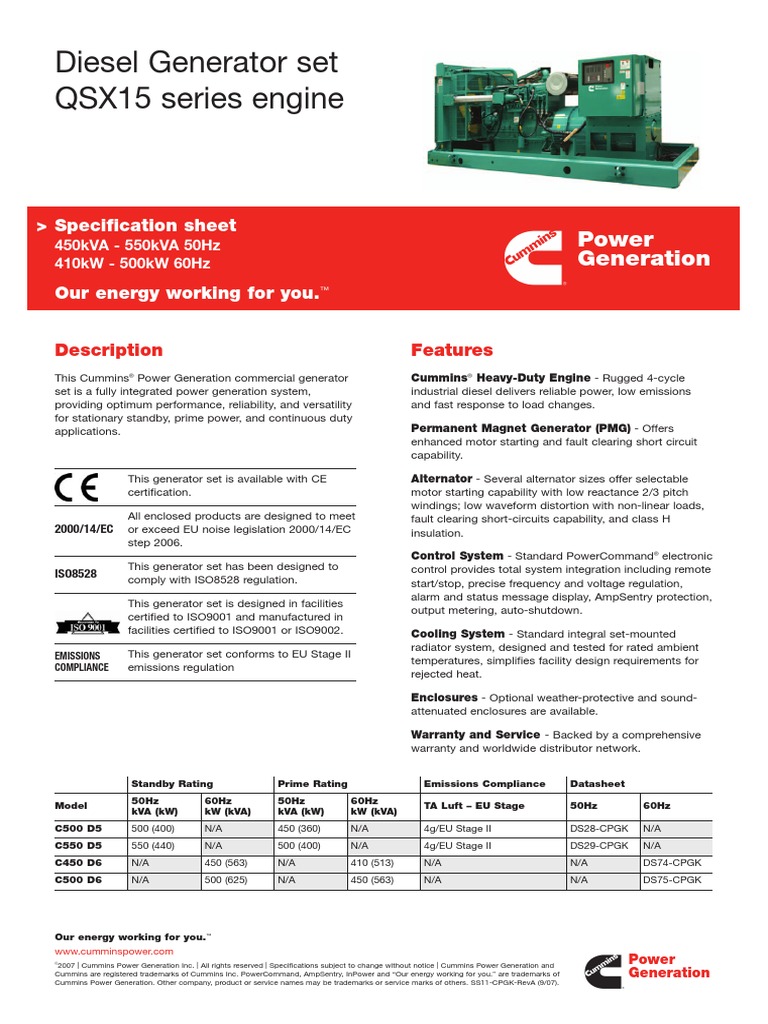 Diesel Generator Set QSX15 Series Engine: Power Generation | PDF ...