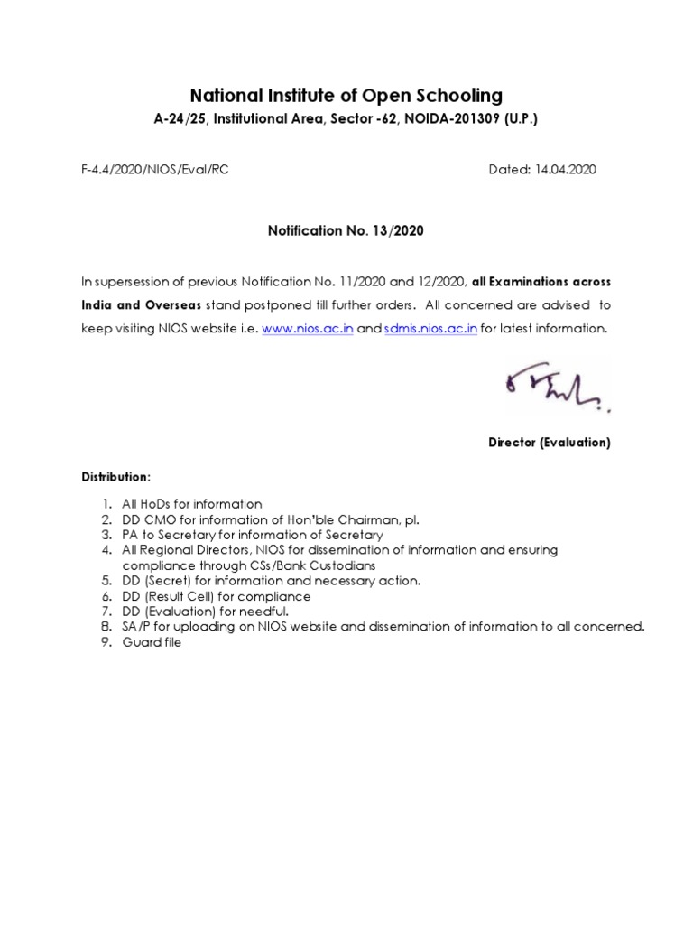 NIOS Exam Postponement Notification | PDF