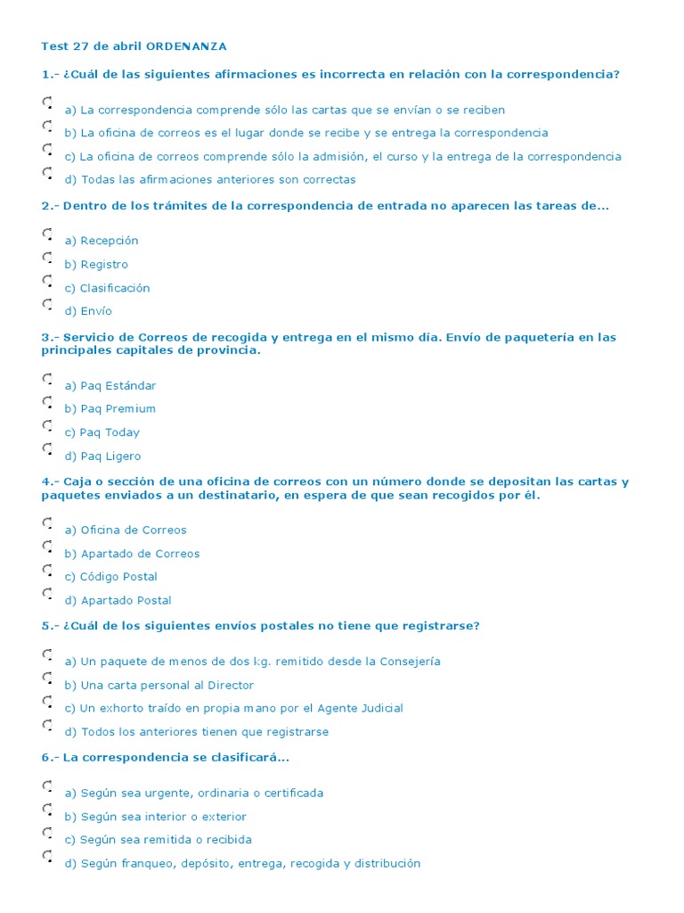 Test de Ordenanza: Correspondencia y Funciones | PDF | Correo | Gobierno