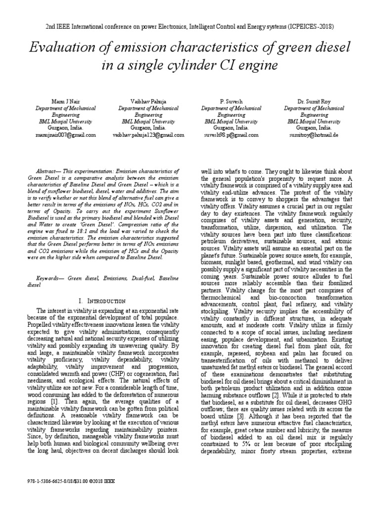 Evaluation of Emission Characteristics of Green Diesel in A Single