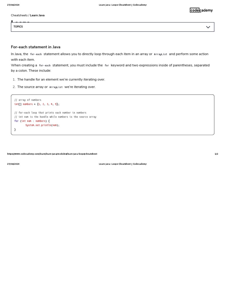 Learn Java - Loops Cheatsheet - Codecademy PDF | PDF