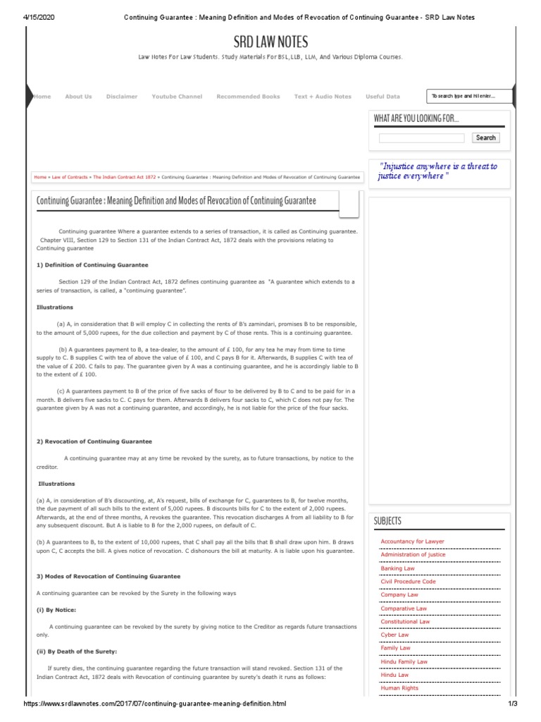 Continuing Guarantee Meaning Definition and Modes of Revocation of Continuing Guarantee SRD