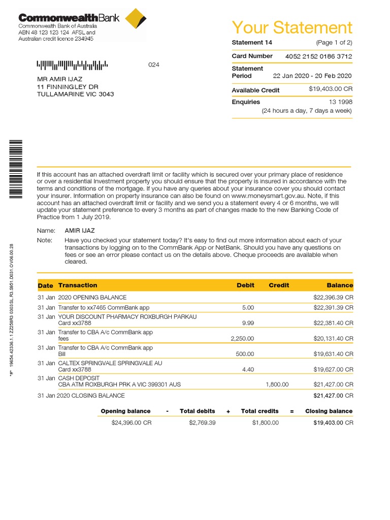 Commonwealth Bank Statement Summary | PDF | Overdraft | Cheque