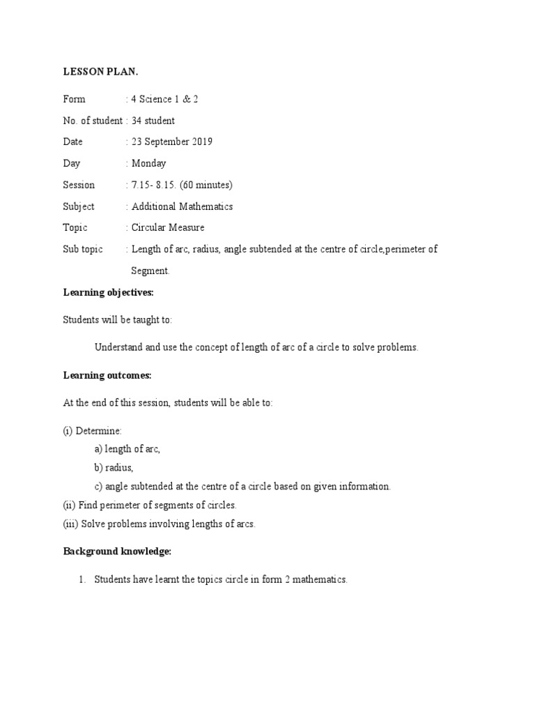 Additional Mathematics: Circular Measure Lesson | PDF | Lesson Plan ...