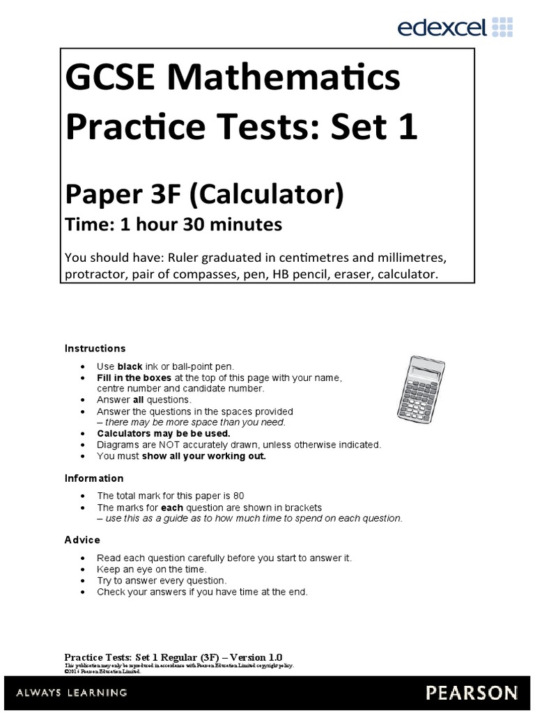 03a Practice Test Set 1 - Paper 3F | PDF | Teaching Mathematics | Science