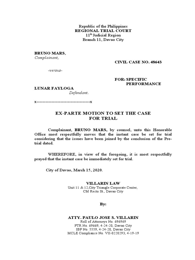 Ex-Parte Motion for Trial Setting | PDF | Separation Of Powers | Virtue