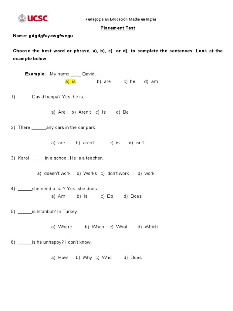 Placement Test Name: Gdgdgfuyewgfwegu: Pedagogía en Educación Media en ...