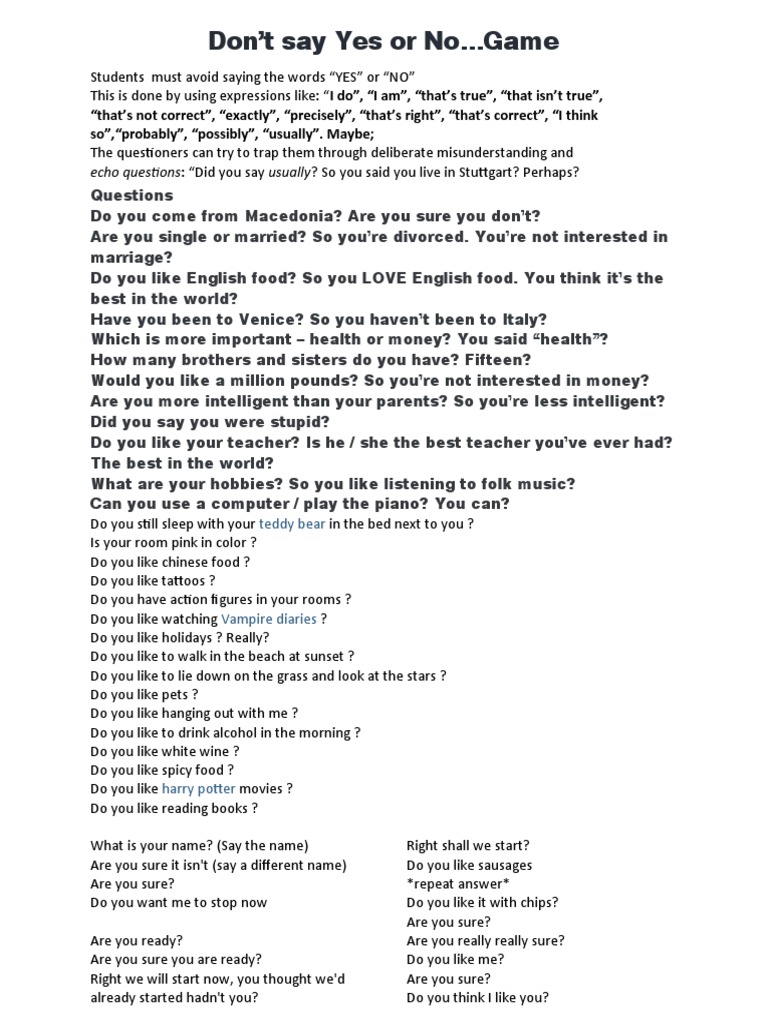 Don't Say Yes or No Game | PDF