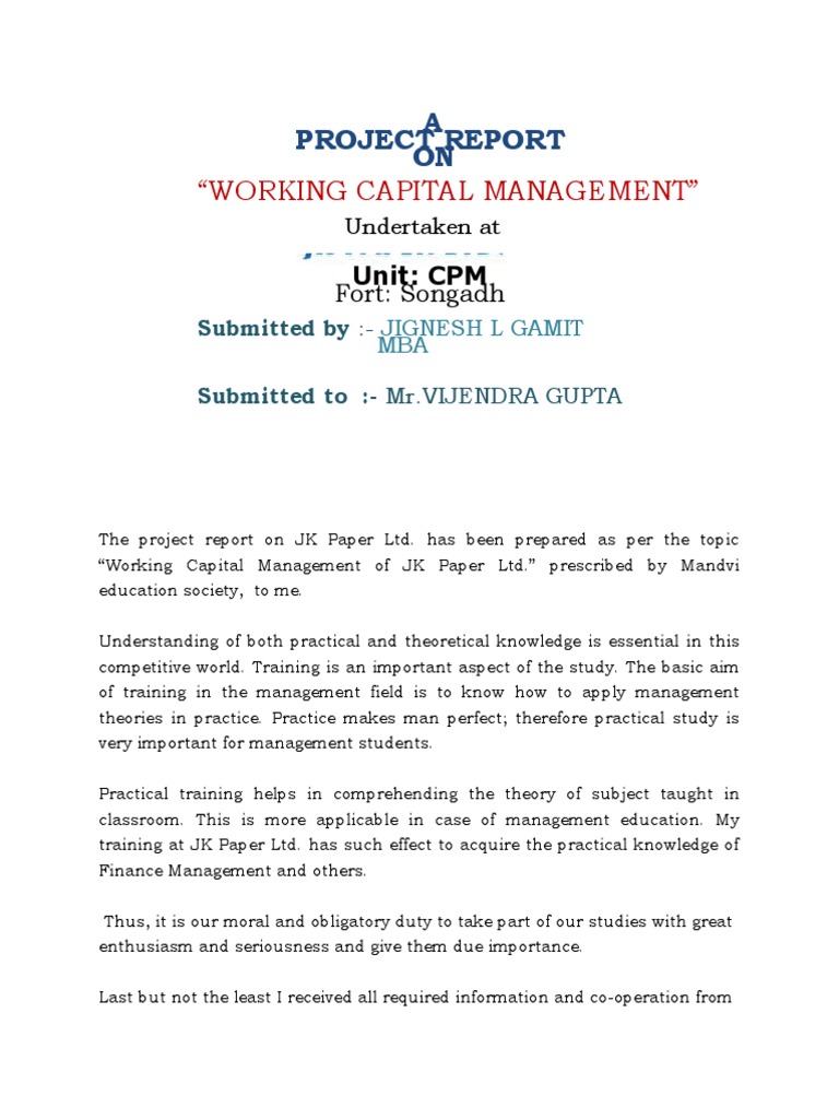 Project Report JK Paper LTD PDF Working Capital Paper