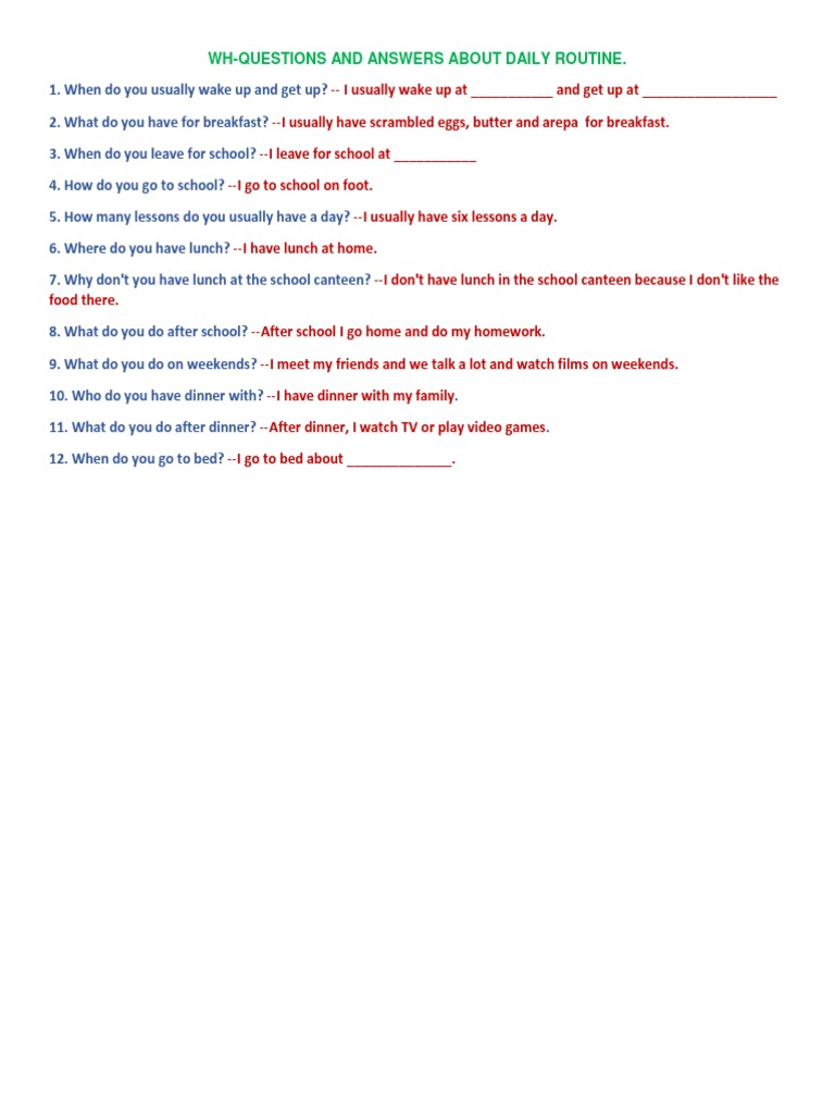Daily Routine WH-Questions and Answers | PDF | Self-Improvement | Wellness