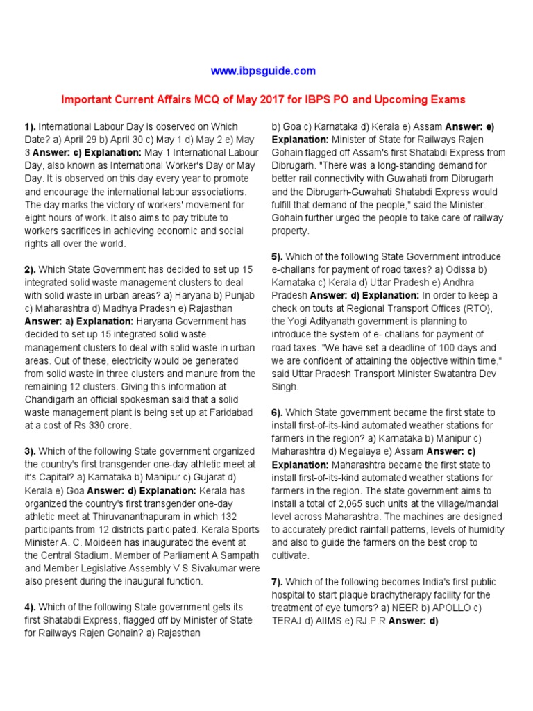 May 2017 Current Affairs MCQs for IBPS | PDF | Business
