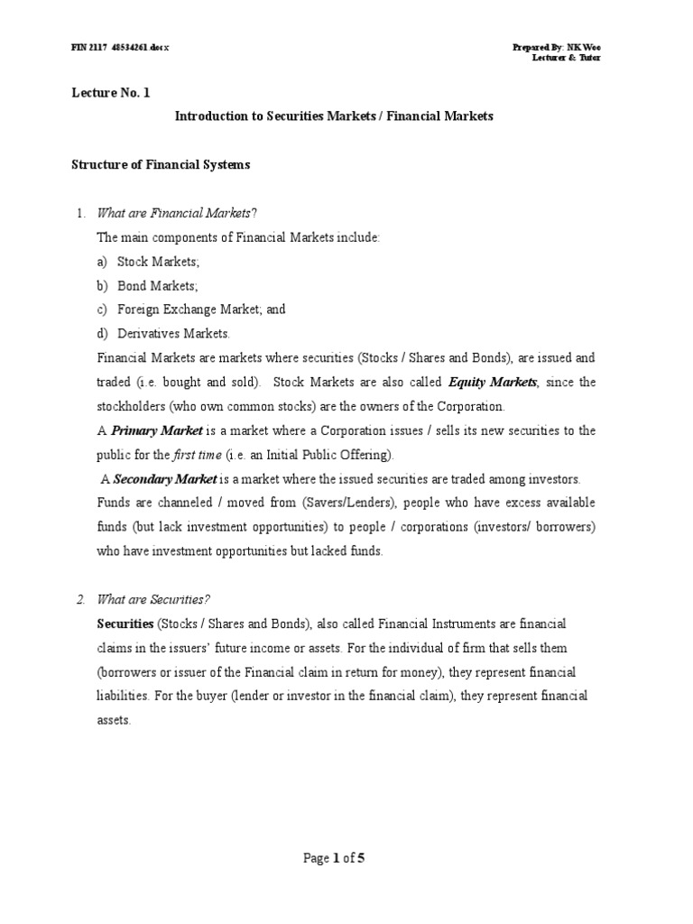 Lecture No. 1 Introduction To Securities Markets / Financial Markets ...