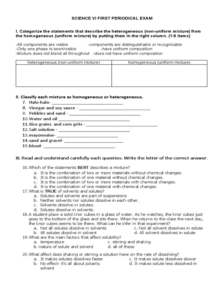 Classify Each Mixture As Homogeneous or Heterogeneous PDF Solution