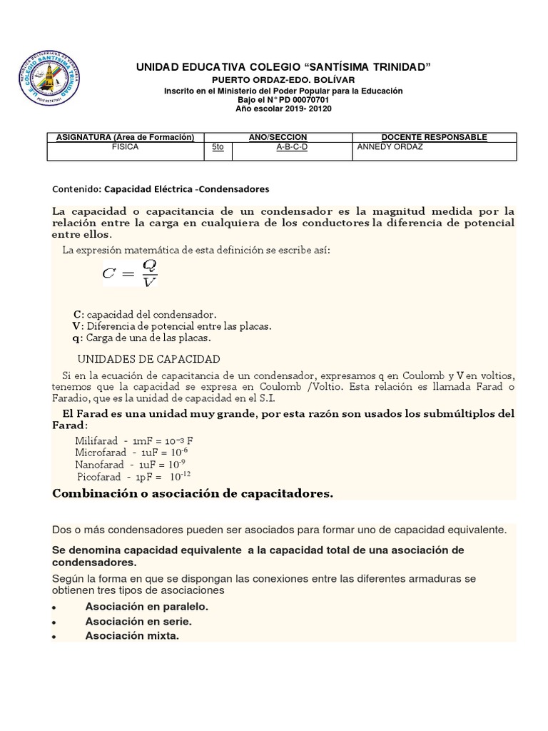 Clase 1 De Fisica 5to Año Iii Lapso Pdf Capacidad Condensador