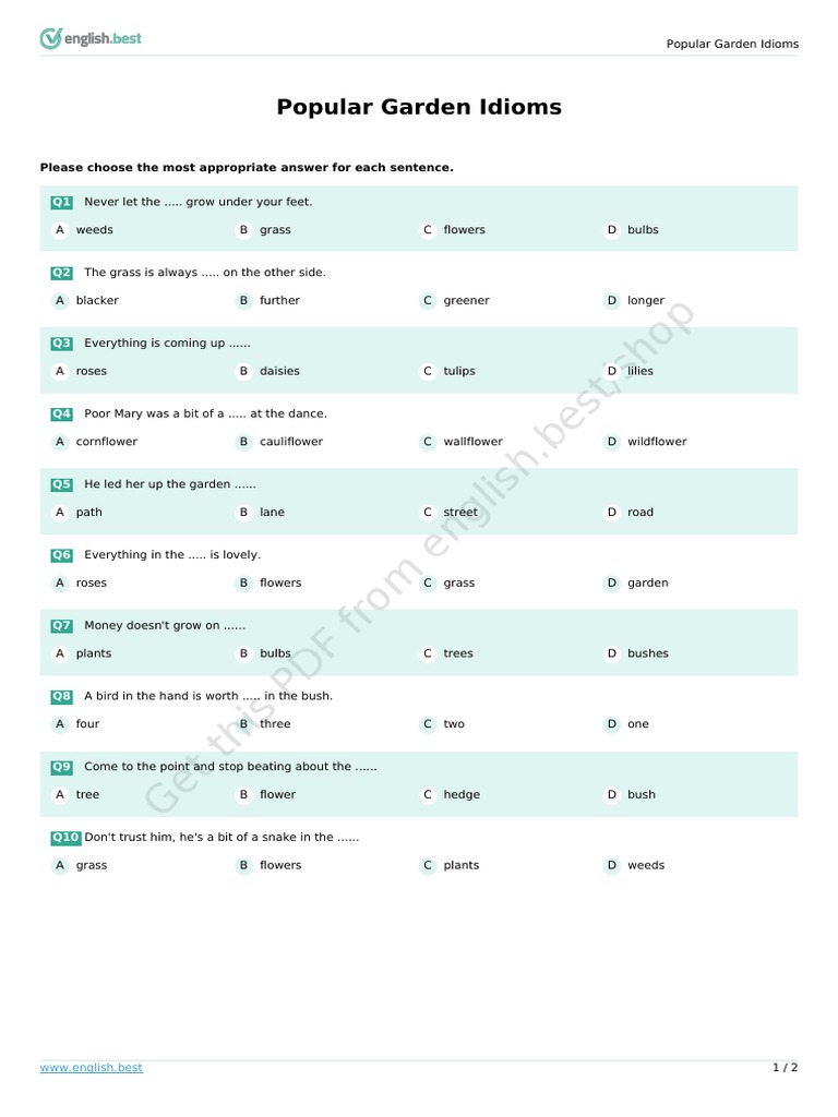 Popular Garden Idioms Please Choose The Most Appropriate Answer For