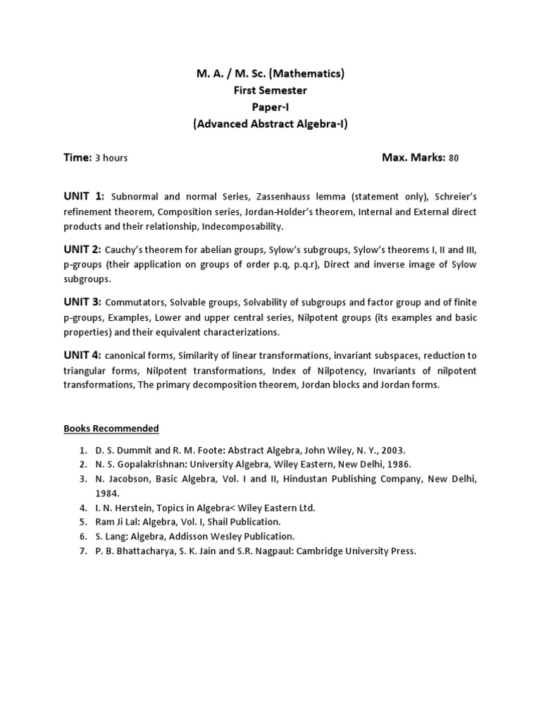 M. A. / M. Sc. (Mathematics) First Semester Paper-I (Advanced Abstract ...