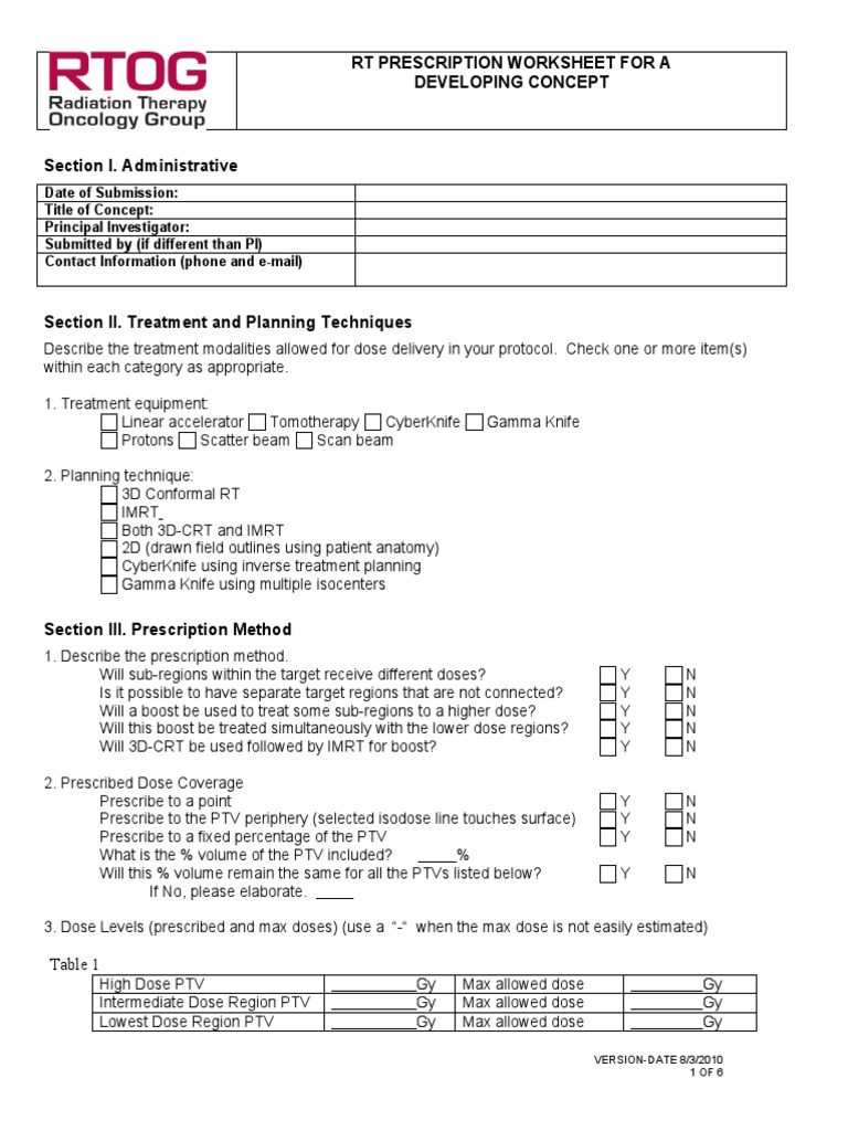 RTQA Prescription Worksheet | PDF | Radiation Therapy | Absorbed Dose