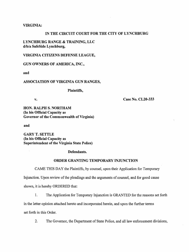 Judge F. Patrick Yeatts Temporary Injunction Order | PDF