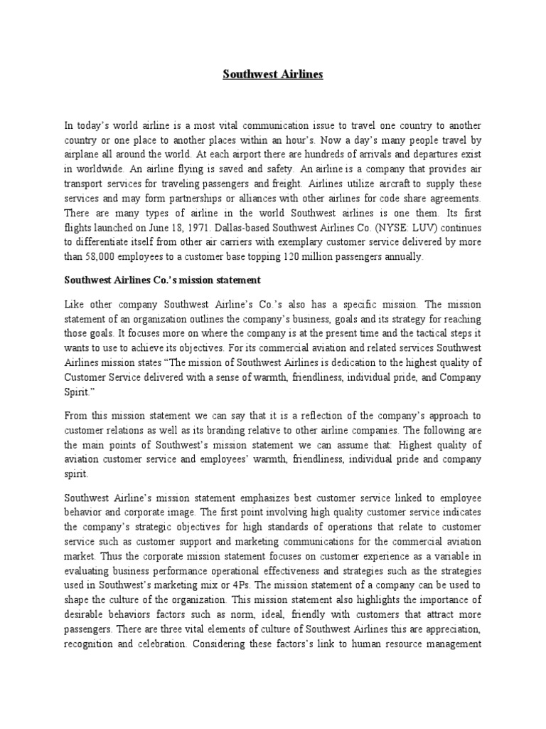 Southwest Airlines Co.'s Mission Statement PDF Airlines Strategic