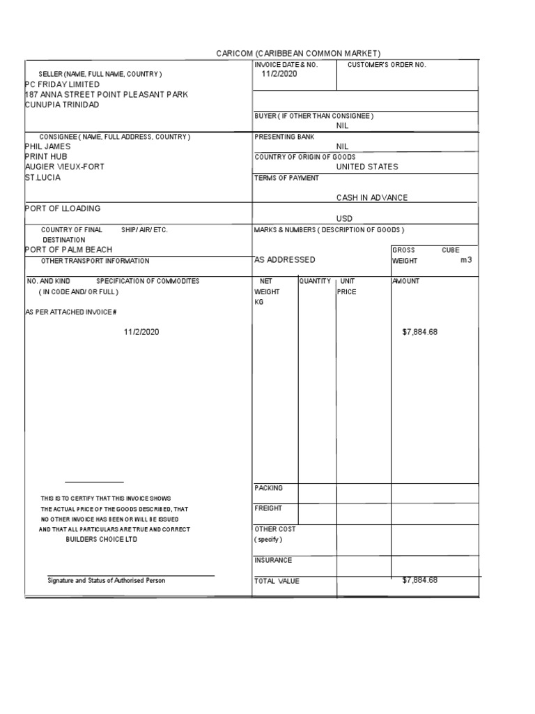 CARICOM Invoice for Goods Shipment | PDF
