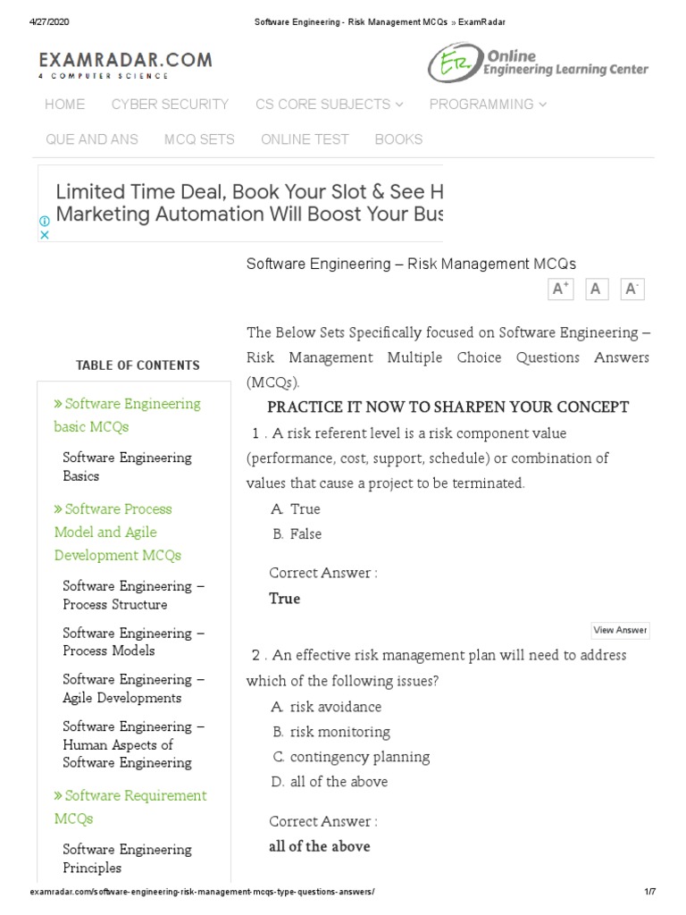 Software Engineering Risk Management MCQs ExamRadar PDF Multiple Choice Risk