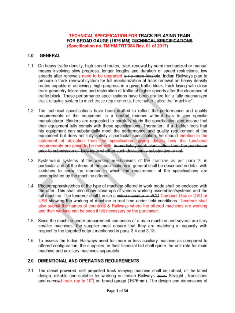 Track Relaying Train For Broad Gauge (1676 MM) Technical Specifications