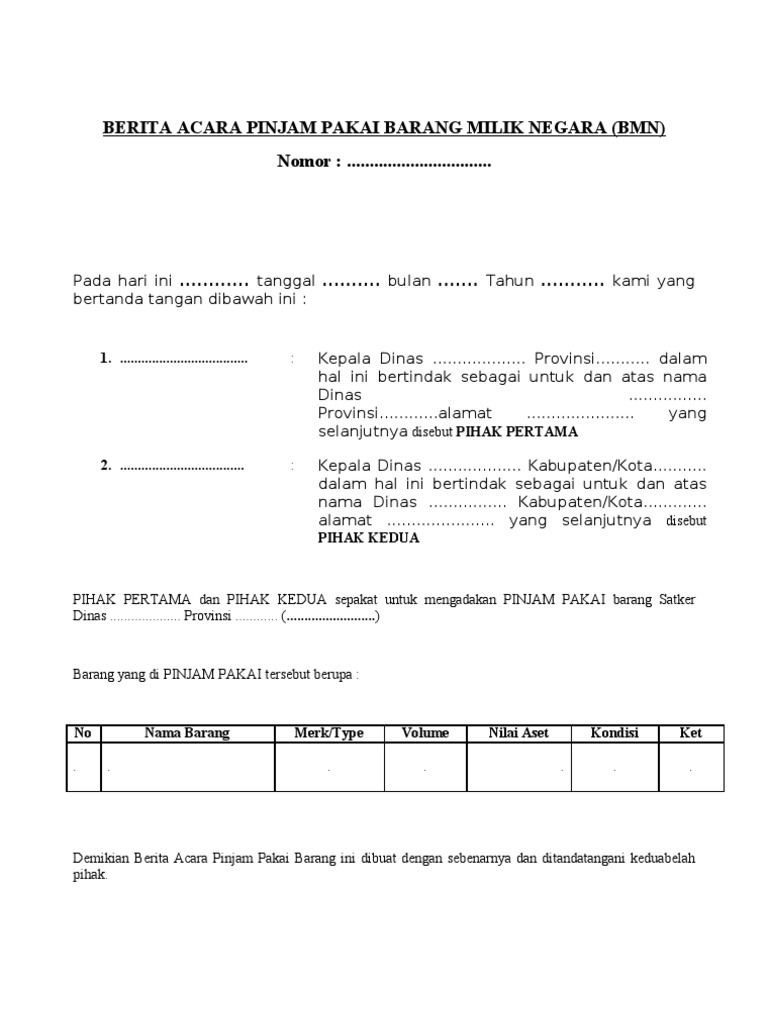 Berita Acara Pinjam Pakai Barang Milik Negara Bmn