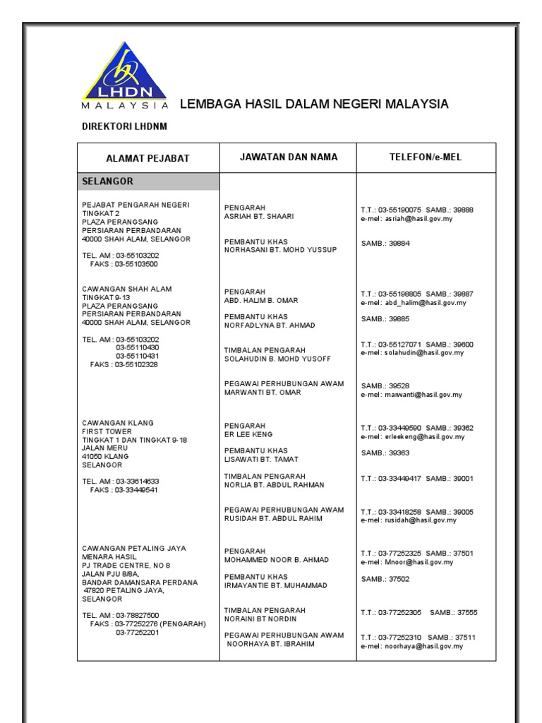 Lembaga Hasil Dalam Negeri Malaysia Direktori Lhdnm Jawatan Dan Nama Telefon E Mel Selangor