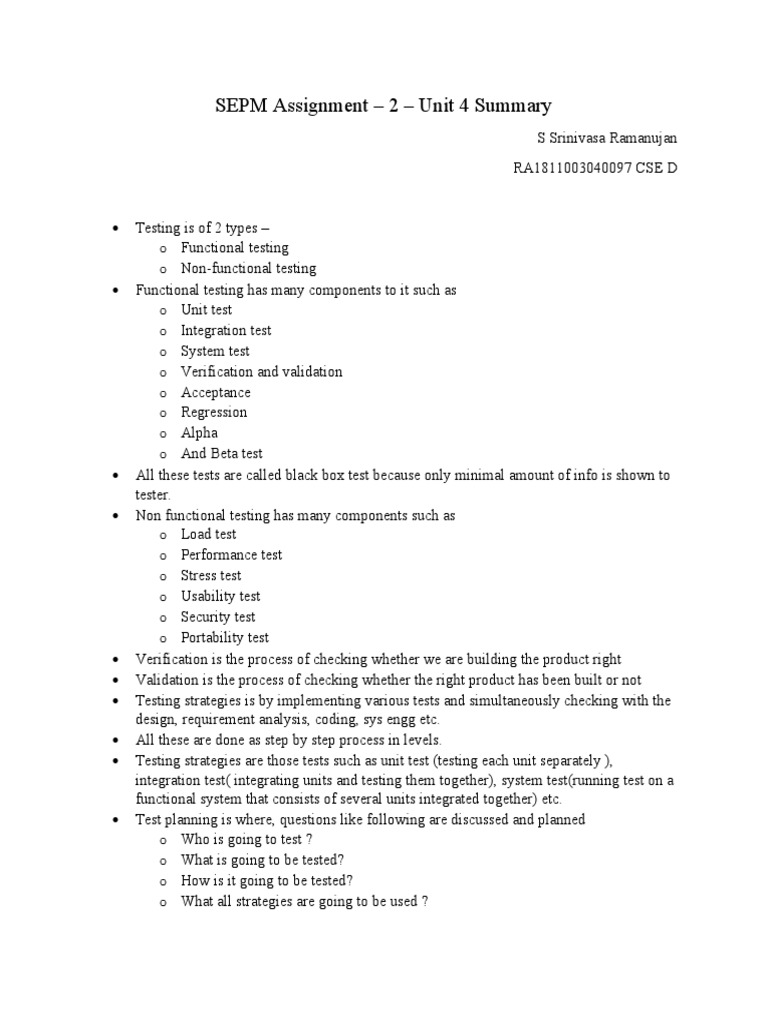SEPM Assignment - 2 - Unit 4 Summary | PDF | Software Testing ...