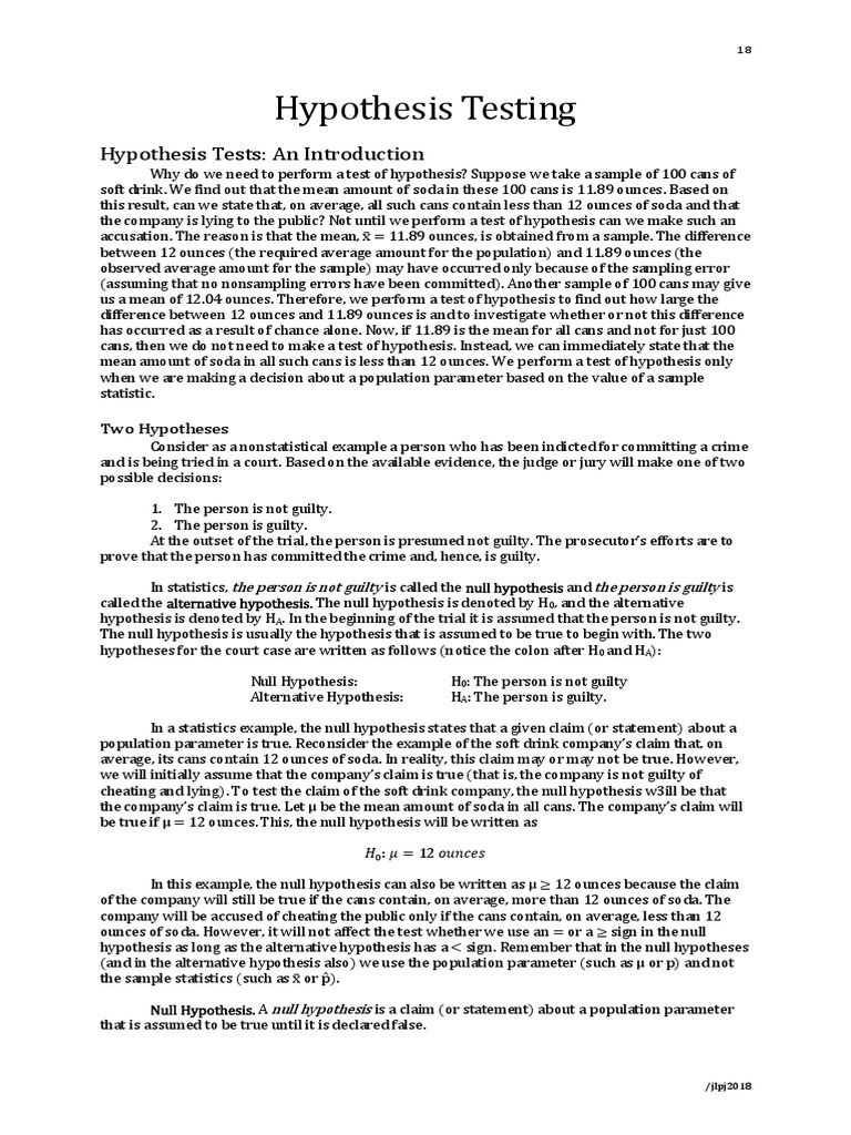 Assessing the Evidence A Guide to Hypothesis Testing and Type I and