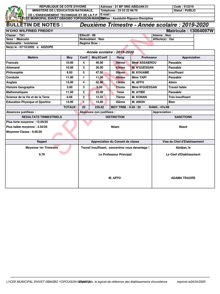 Appreciation Bulletin Classe Terminale