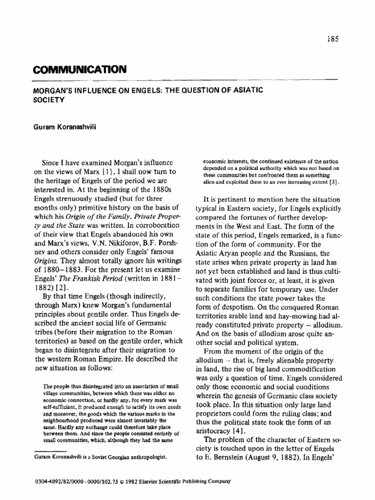 Communication: Morgan'S Influence On Engels: The Question of Asiatic ...