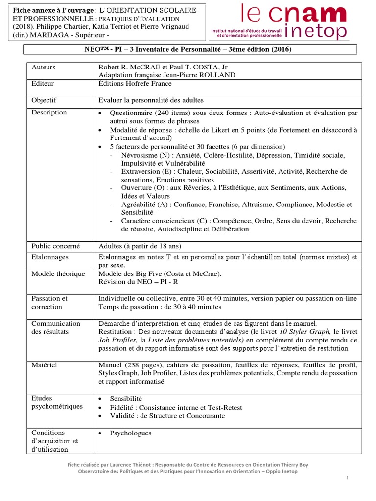 Neo Pi 3 Fiche Test Ouvrage Gep Lt Pdf Pdf Sciences Comportementales Concept De Psychologie