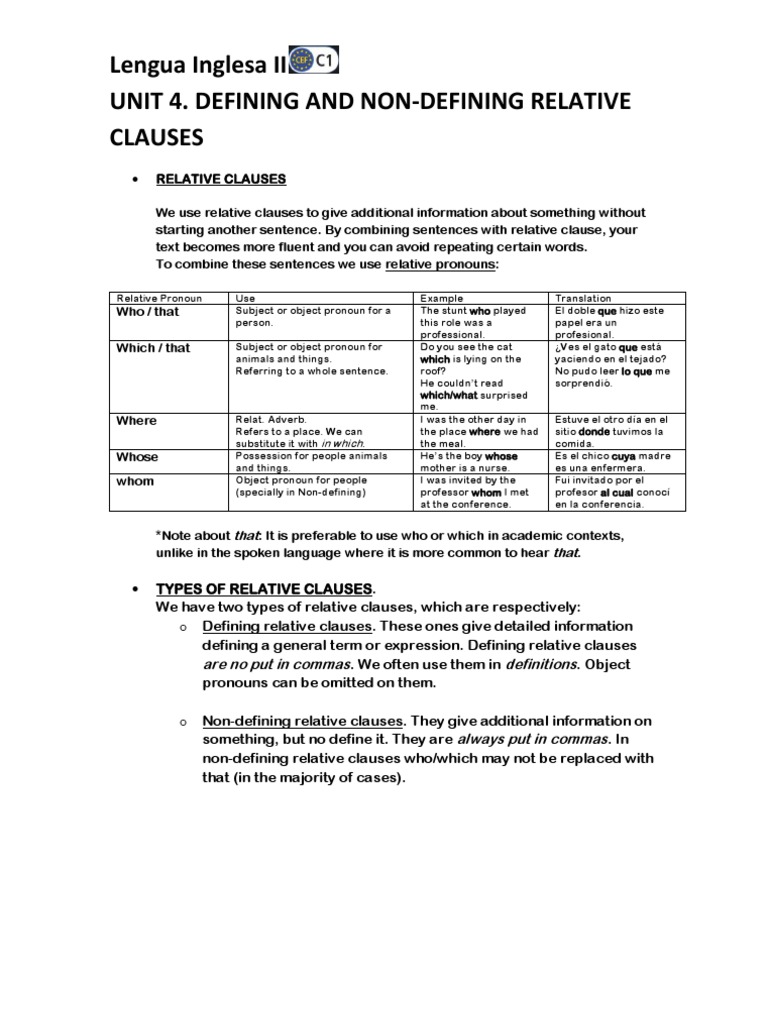 Defining & Non-Defining Relative Clauses | PDF | Pronoun | Clause