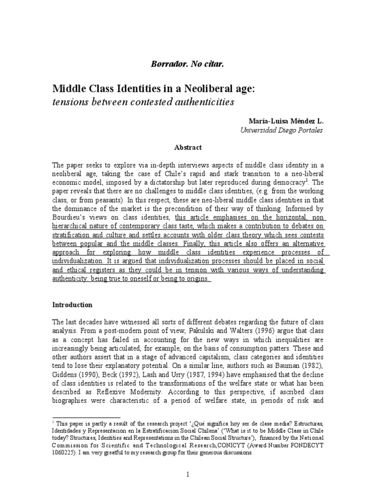 Middle Class Identities in A Neoliberal Age:: Tensions Between ...