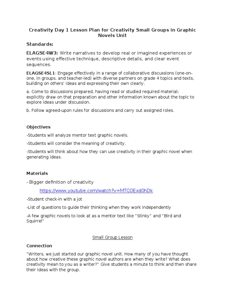 Creativity Lesson 1 in Graphic Novels Unit | PDF | Creativity | Narrative