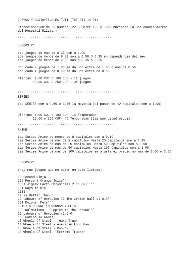 JUEGOS Y AUDIOVISUALES TUTI (Tel 261-14-01) | PDF | Ocio | Deportes
